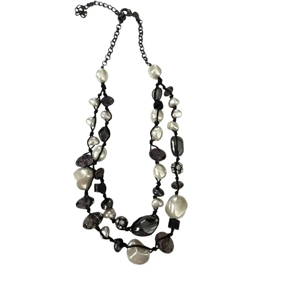 Chico’s Necklace Faux White Gray Pearls Gunmetal Rhinestones Chunky 16